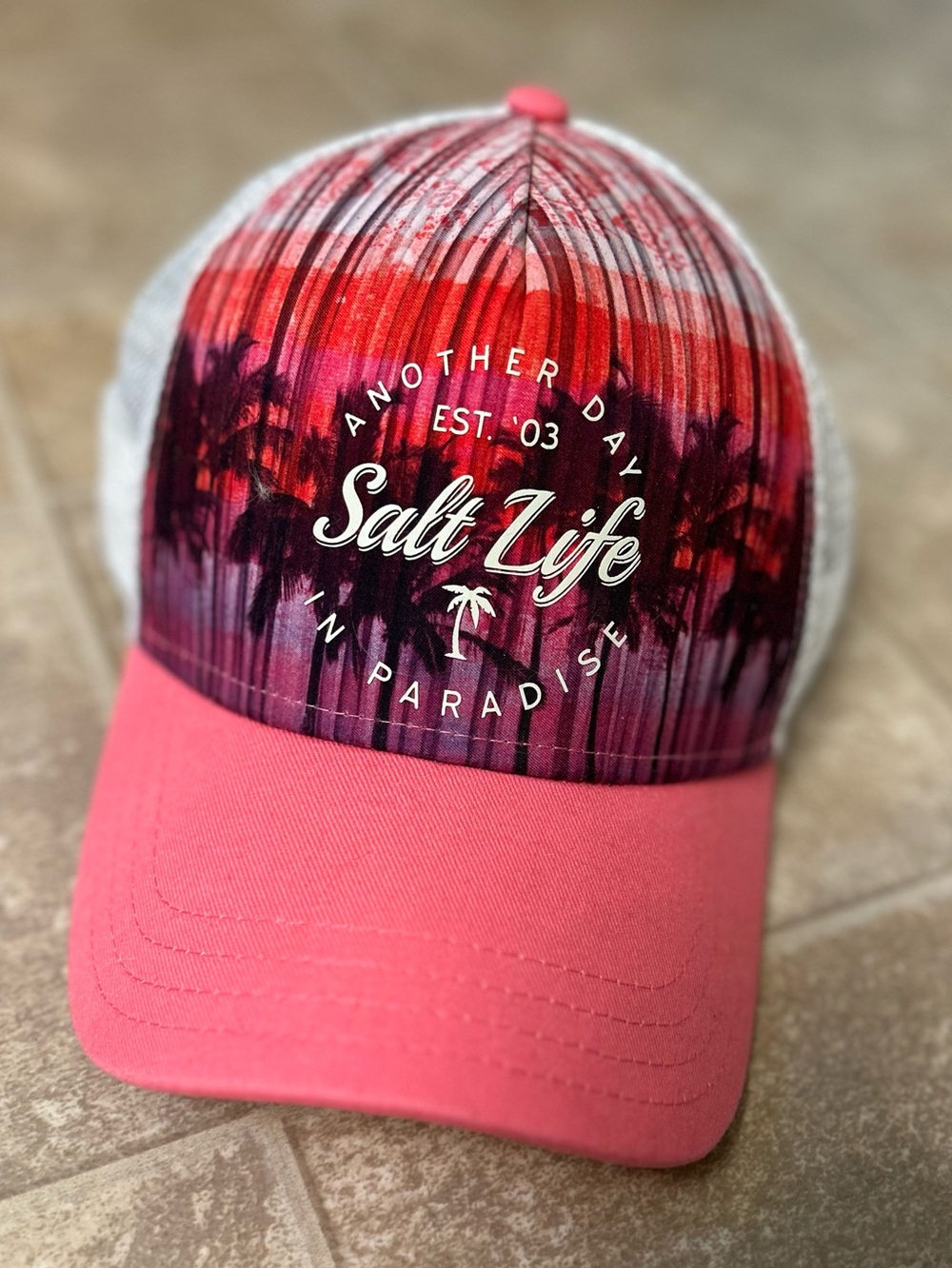 Salt Life Ladies Coral Pink Sunset Trucker Hat